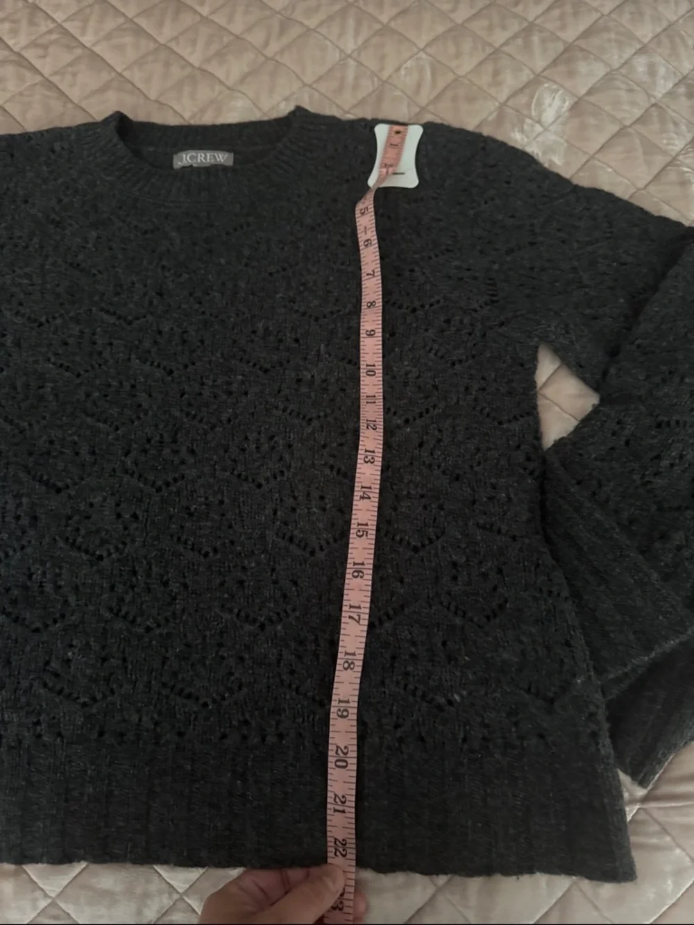 J. Crew Charcoal Wide Sleeve Pointelle Merino Wool Crewneck Sweater, Medium